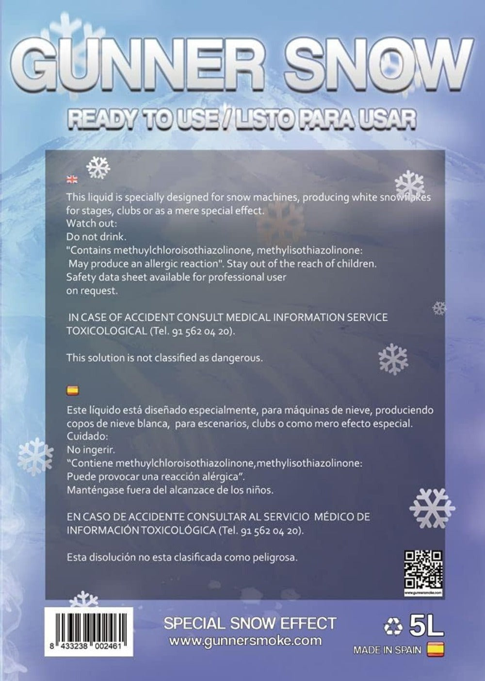 Gunner Smoke Líquido para Máquina de Nieve, 5 Litros, Máxima Eficiencia, Seguro, Sin Restos, Ideal para Eventos, Fiestas, Decoraciones Navideñas, 5L