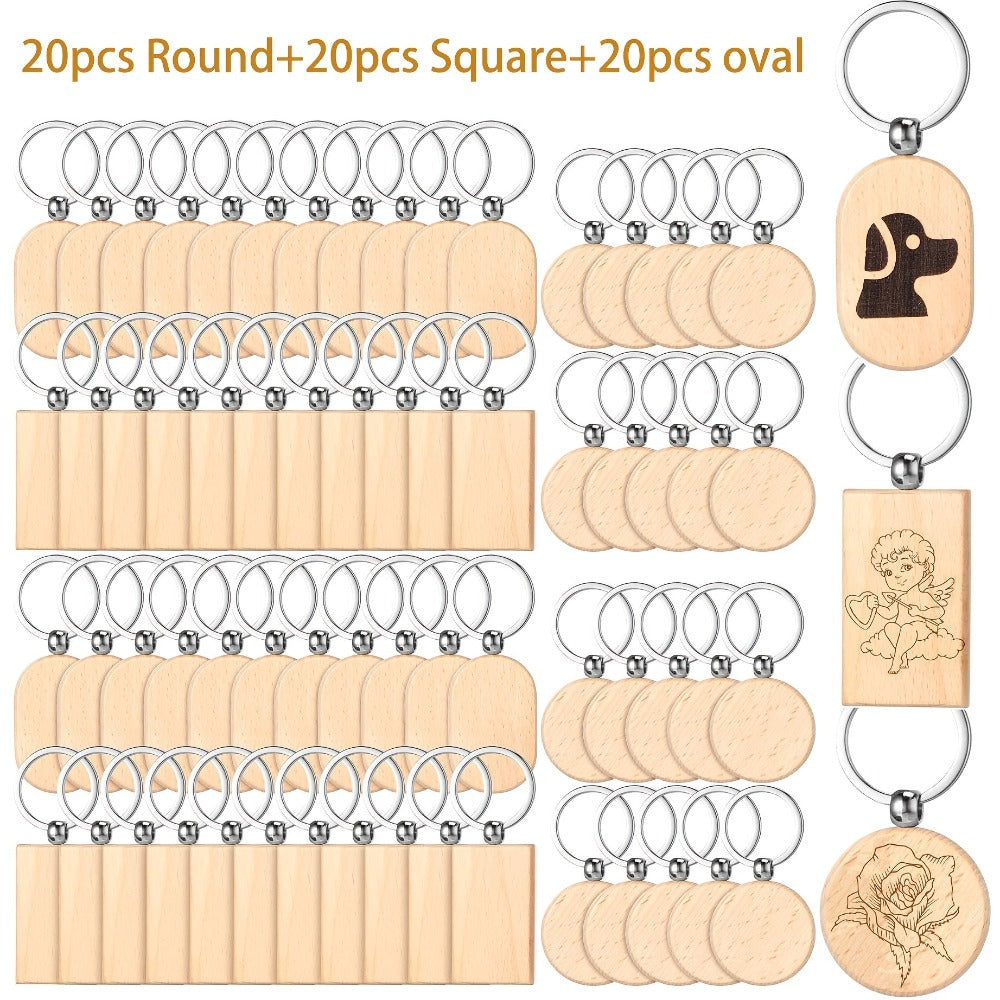 Dofiki Juego de 30/60 Llaveros de Madera, Redondos/Cuadrados/Ovalados, Grabados con Láser, Adecuados para Regalos Hechos a Mano de Bricolaje, Varios Llaveros y Etiquetas para Llaves