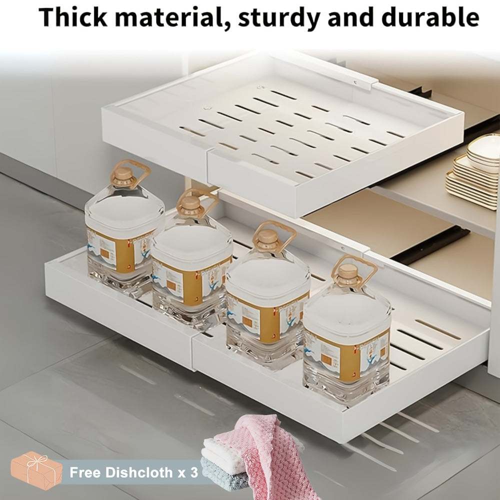 Organizador de gabinete extraíble, estante de almacenamiento resistente y expandible con cajones deslizantes, sin necesidad de taladrar, organizador para cocinas y baños, estante deslizable, extensible 31-52 cm (, blanco)