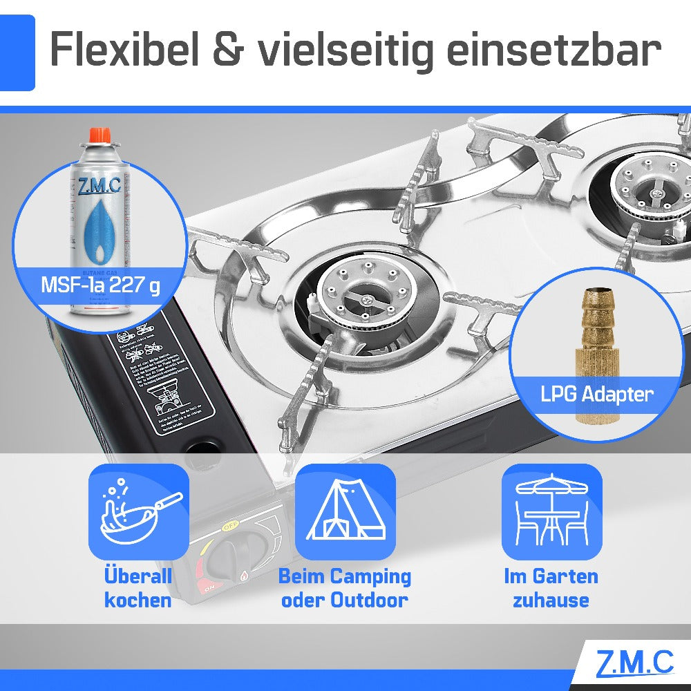 Estufa de Gas para Camping ZMC de 2 Quemadores con Adaptador LPG y Estuche de Almacenamiento – Estufa de Gas Doble con Potencia de 2.5 kW, Encendido Piezoeléctrico, Compatible con Cilindros de Gas Butano de 227g y Botellas de Gas LPG – Estufa de Gas Portá
