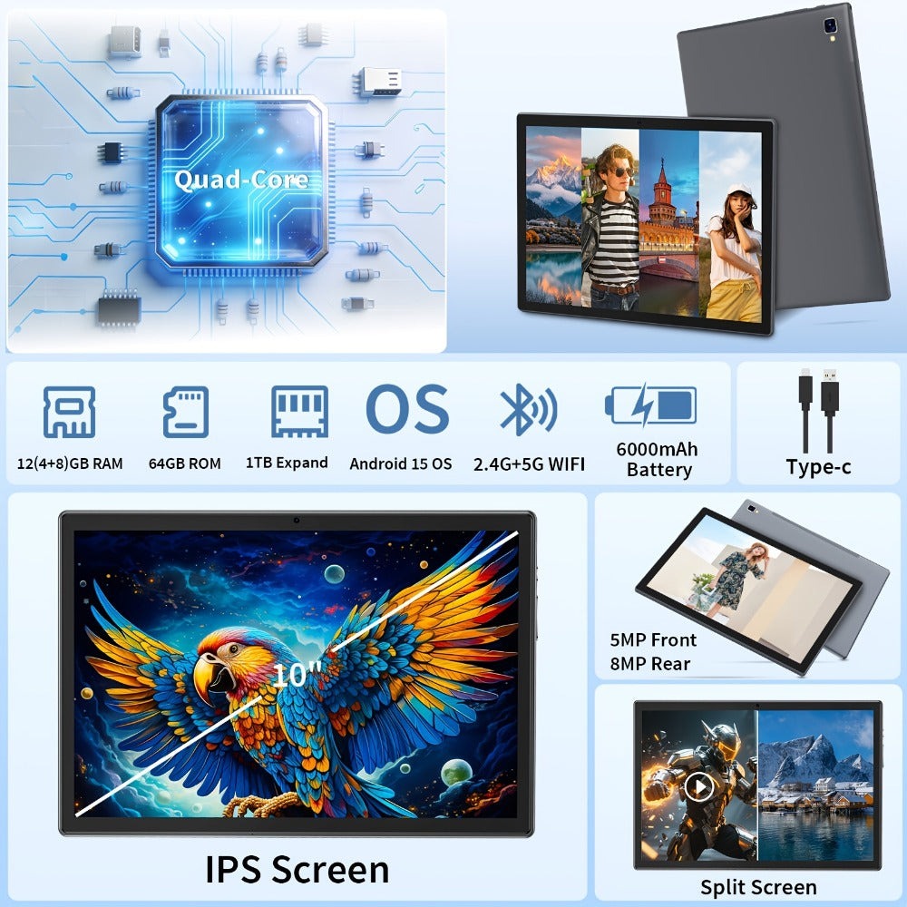 Tableta QDDQ Android 15, 12 (4GB+8GB) RAM, 64GB ROM, Pantalla LED de 10.1 pulgadas, 6000mAh, WiFi, Tablet PC, Dos versiones opcionales: [Tableta con teclado, ratón sin varillas, funda, lápiz óptico (no electrónico)] / [Solo tableta], USB-C (sin adaptador)