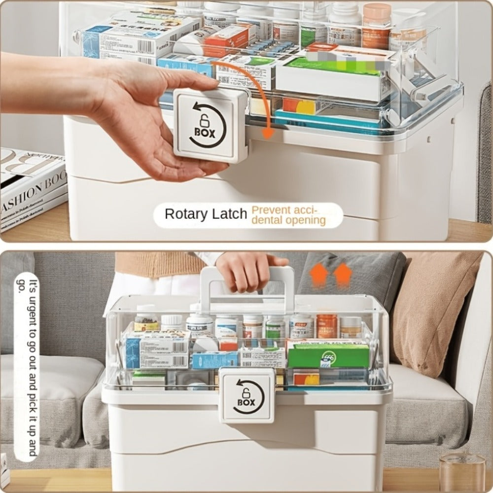 Organizador Médico de 3 Niveles - Caja de Almacenamiento de Medicina Familiar de Gran Capacidad con Cierre Seguro a Presión, Diseño Portátil Resistente para Hogar/Viajes/Oficina, Regalo Esencial Ideal para la Salud y la Seguridad