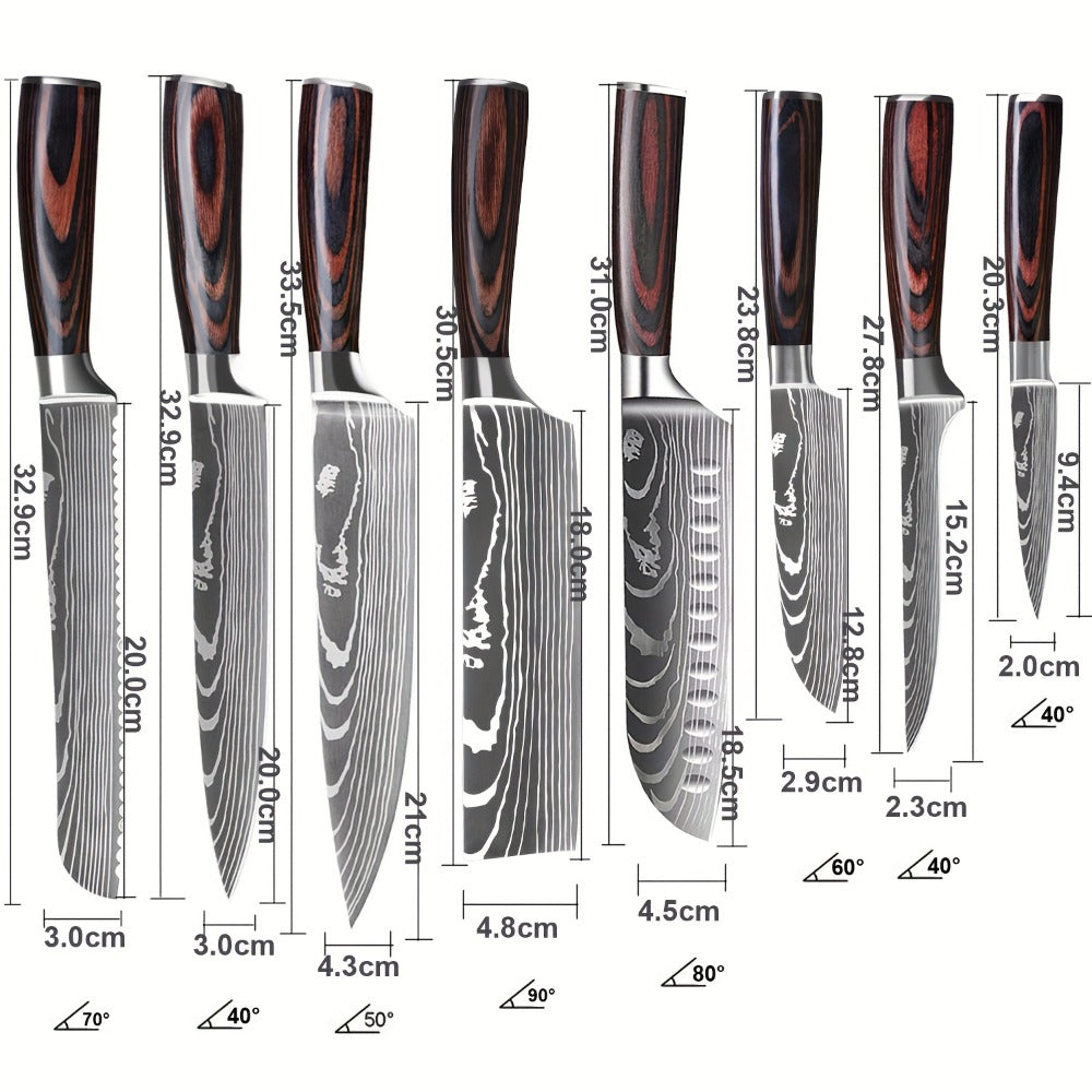 Juego de 8 cuchillos, Cuchillo de chef, Cuchillo de cocina universal, Acero inoxidable alemán, Mangos ergonómicos de Pakkawood para restaurante doméstico
