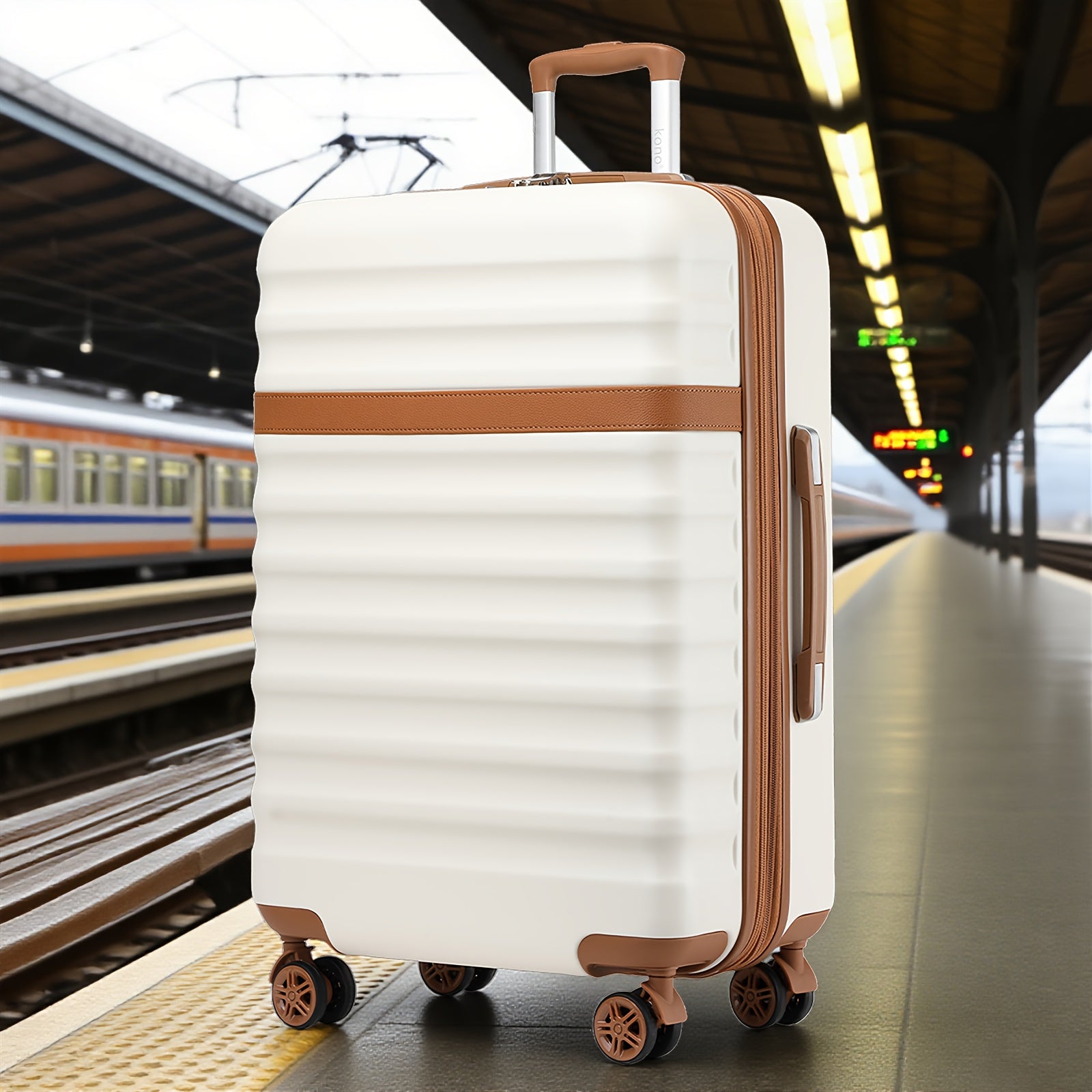Maleta KONO Disponible en Tamaños de 20 Pulgadas, 24 Pulgadas y 28 Pulgadas, Fabricada con una Mezcla de ABS y Policarbonato. Este Trolley de Carro Rígido Está Equipado con Cuatro Ruedas y un Cerradura TSA, lo que lo Hace Ideal para Uso en la Cabina y Via