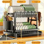 Escurridor de Platos de 2 Niveles con Bandeja de Drenaje - Escurridor de Platos Giratorio Ajustable, Soporte para Utensilios y Tazas, Organizador de Encimera de Cocina que Ahorra Espacio para un Secado Eficiente