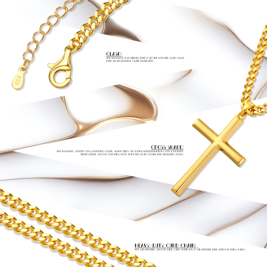 Collar con colgante para hombre hecho de plata 925, con una cruz tridimensional chapada en oro de 18 quilates, acompañado de una cadena cubana resistente de plata 925, lo que lo convierte en un regalo ideal para las fiestas o el Día del Padre, presentado