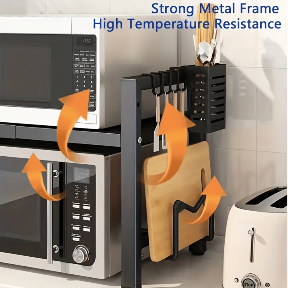 Estante de microondas expandible de metal resistente de 2/3 niveles con 6 ganchos, estante para condimentos, estante de almacenamiento, estante de almacenamiento de cocina ajustable que ahorra espacio, organizador de encimera, estante resistente sobre el