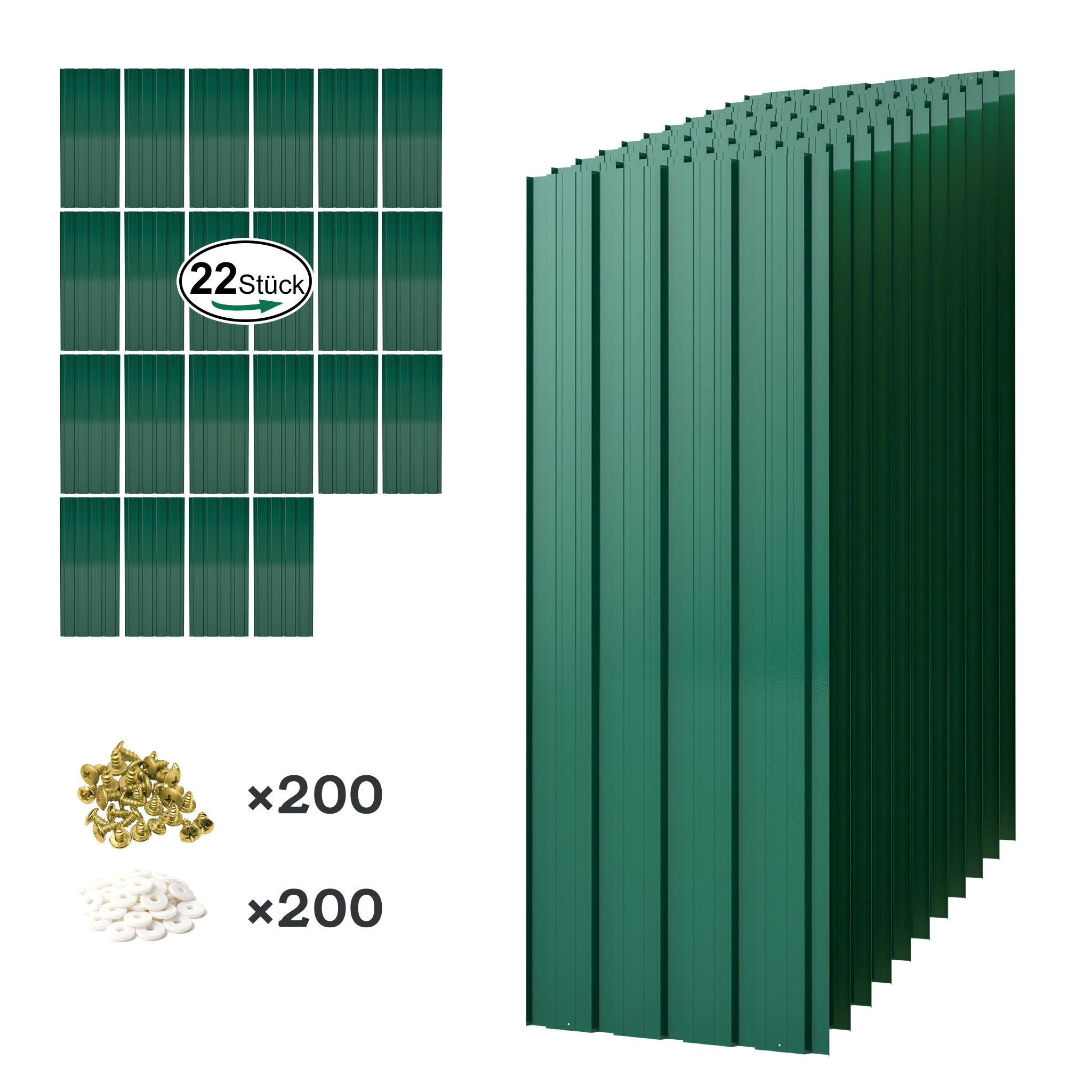 22 piezas de láminas trapezoidales de acero galvanizado de alta resistencia con tornillos y 200 clavos - Paneles de metal corrugado para techos, revestimiento de paredes, vallas, cobertizos y estructuras al aire libre (Negro/Gris, 108x42.6cm, 0.25mm) - Fá