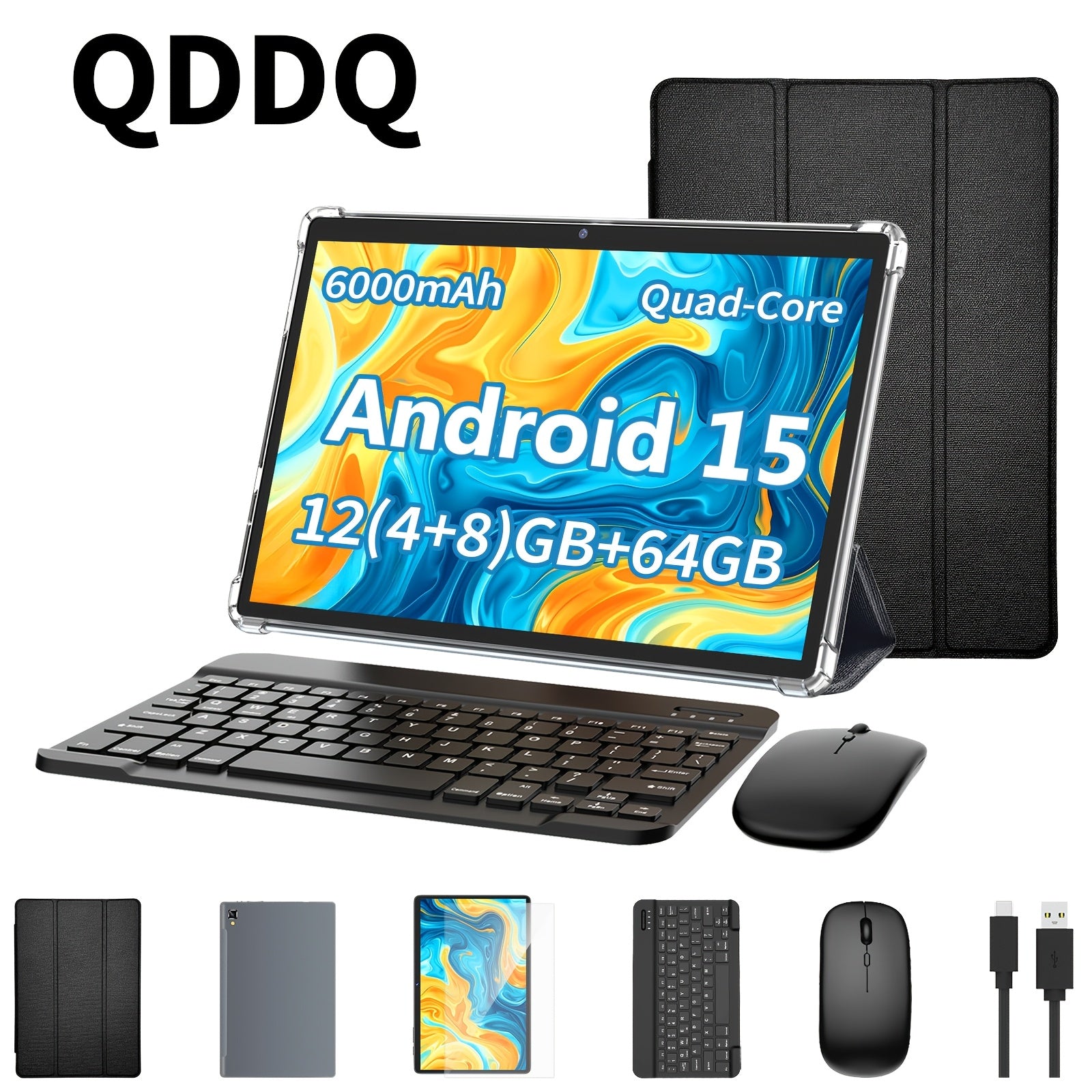 Tableta QDDQ Android 15, 12 (4GB+8GB) RAM, 64GB ROM, Pantalla LED de 10.1 pulgadas, 6000mAh, WiFi, Tablet PC, Dos versiones opcionales: [Tableta con teclado, ratón sin varillas, funda, lápiz óptico (no electrónico)] / [Solo tableta], USB-C (sin adaptador)