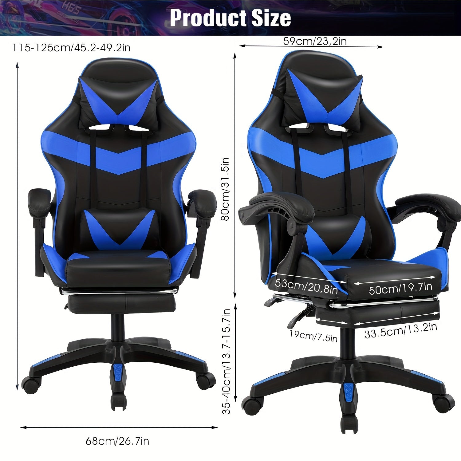 Silla de oficina ergonómica diseñada para gaming, con reposapiés, respaldo alto, giro ajustable y soporte lumbar, hecha de cuero PU en estilo racing para entusiastas de los E-Sports