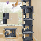 Árbol para gatos extra alto de 210 cm con 8 postes rascadores y 2 cuevas - Muebles para gatos de múltiples niveles de alta resistencia, tapete lavable, hamaca y pelotas de felpa - Torre para gatos grande con base resistente