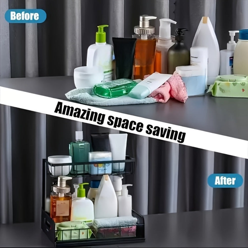 1 estante extraíble de doble capa para debajo del fregadero, estante multifuncional de acero al carbono para cocina y baño, adecuado para organizador de artículos esenciales y de limpieza - Negro/Blanco