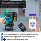 Nivel láser láser verde 4D multifuncional Gisam de 16 líneas con trípode y control por aplicación, autonivelante 360° con líneas cruzadas horizontales y verticales, alimentado por USB y batería, incluye estuche de transporte, haz superpotente, diseño port