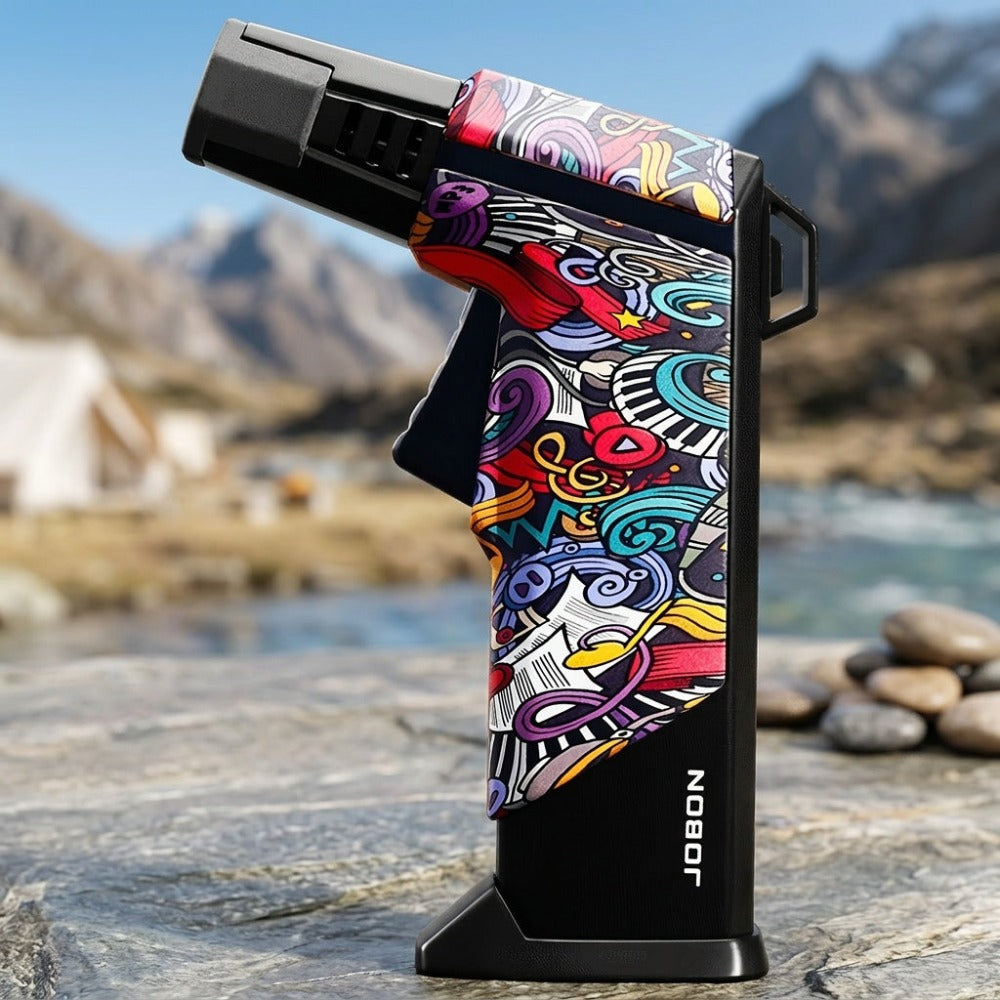 Encendedor de metal, exquisito encendedor de pie con superficie colorida, recargable de butano, llama azul a chorro con bloqueo, hecho de aleación de zinc y aluminio, más fácil de usar para una mejor experiencia de camping y barbacoa (sin combustible de b