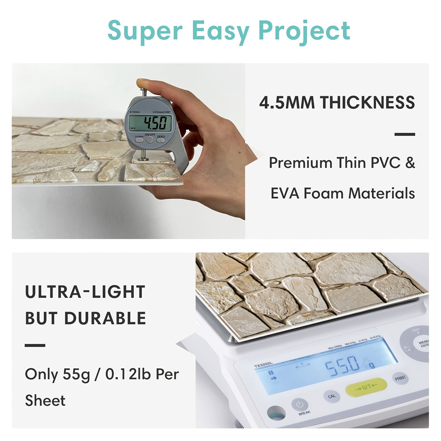 Este paquete incluye diez paneles de pared 3D autoadhesivos con una superficie de PVC tipo piedra, cada uno de 30 por 30 centímetros, diseñados para decorar paredes interiores.