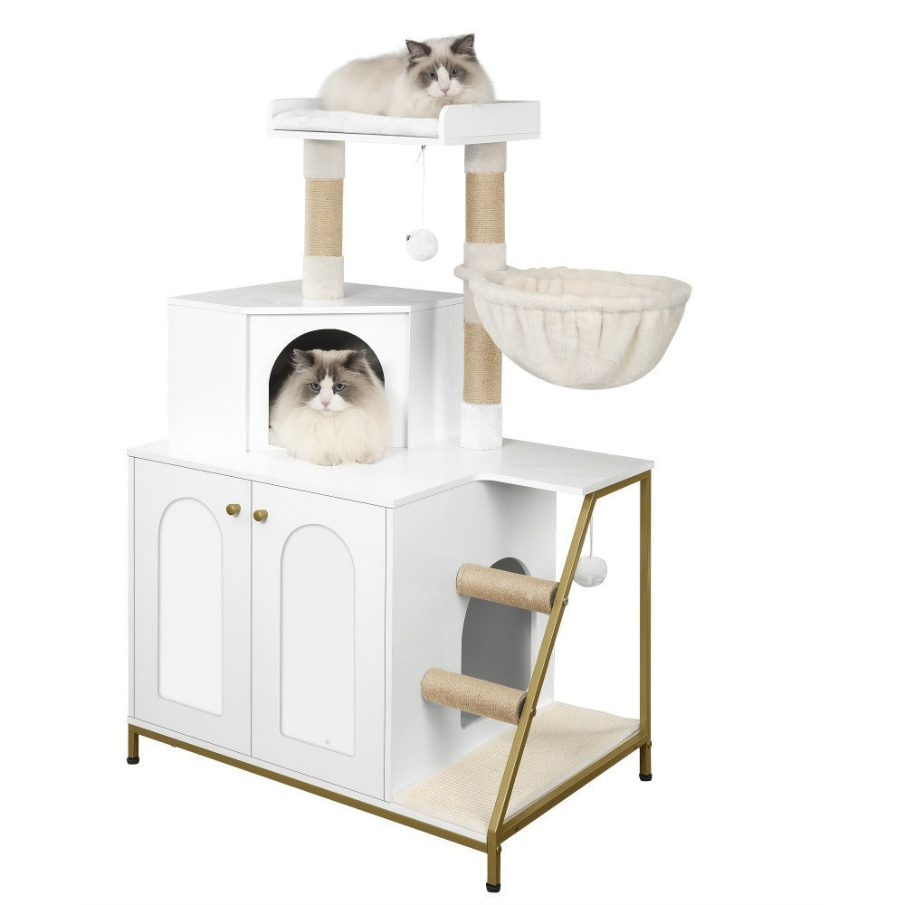 Árbol para Gatos con Gabinete para Caja de Arena, Gabinete para Gatos, Casa Moderna para Gatos 4 en 1 con Plataforma Grande, Casa para Gatos con Rascador de Sisal, Postes, Escaleras y Pompón, Cojines Lavables, Marfil Claro/Blanco