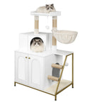 Árbol para Gatos con Gabinete para Caja de Arena, Gabinete para Gatos, Casa Moderna para Gatos 4 en 1 con Plataforma Grande, Casa para Gatos con Rascador de Sisal, Postes, Escaleras y Pompón, Cojines Lavables, Marfil Claro/Blanco