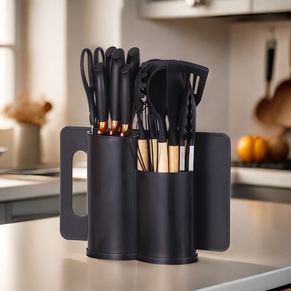 Juego de 19 piezas de cuchillos de cocina modernos y utensilios de cocina - Colección de hojas profesionales con mangos ergonómicos - Accesorios de cocina de alta calidad con soporte de almacenamiento - Herramientas de corte de espiga completa y esenciale