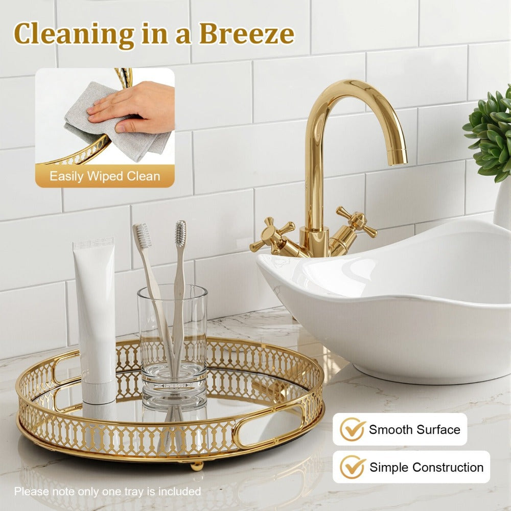 Bandeja redonda de cristal dorado con espejo y compartimentos de cristal - Bandeja de servir decorativa adecuada para tocador, estante de baño, expositor de perfumes, marco de espejo para encimera, almacenamiento de cómoda - Cristal elegante