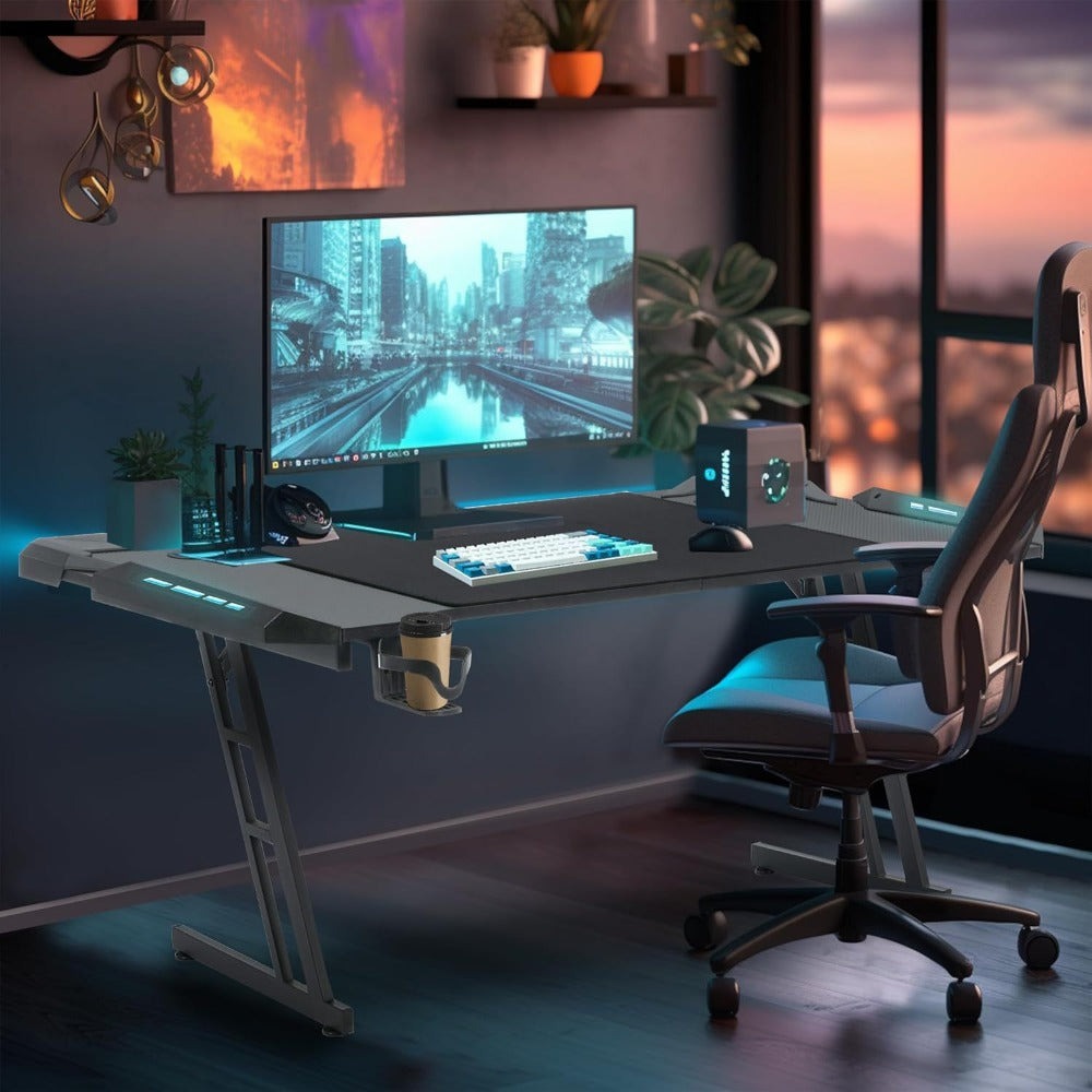 Mesa Gaming Mesa Gaming Escritorio Negro Tapa de Fibra de Carbono Mesa de Ordenador Gamer Mesa de PC Ergonómica con Agujero para Cables