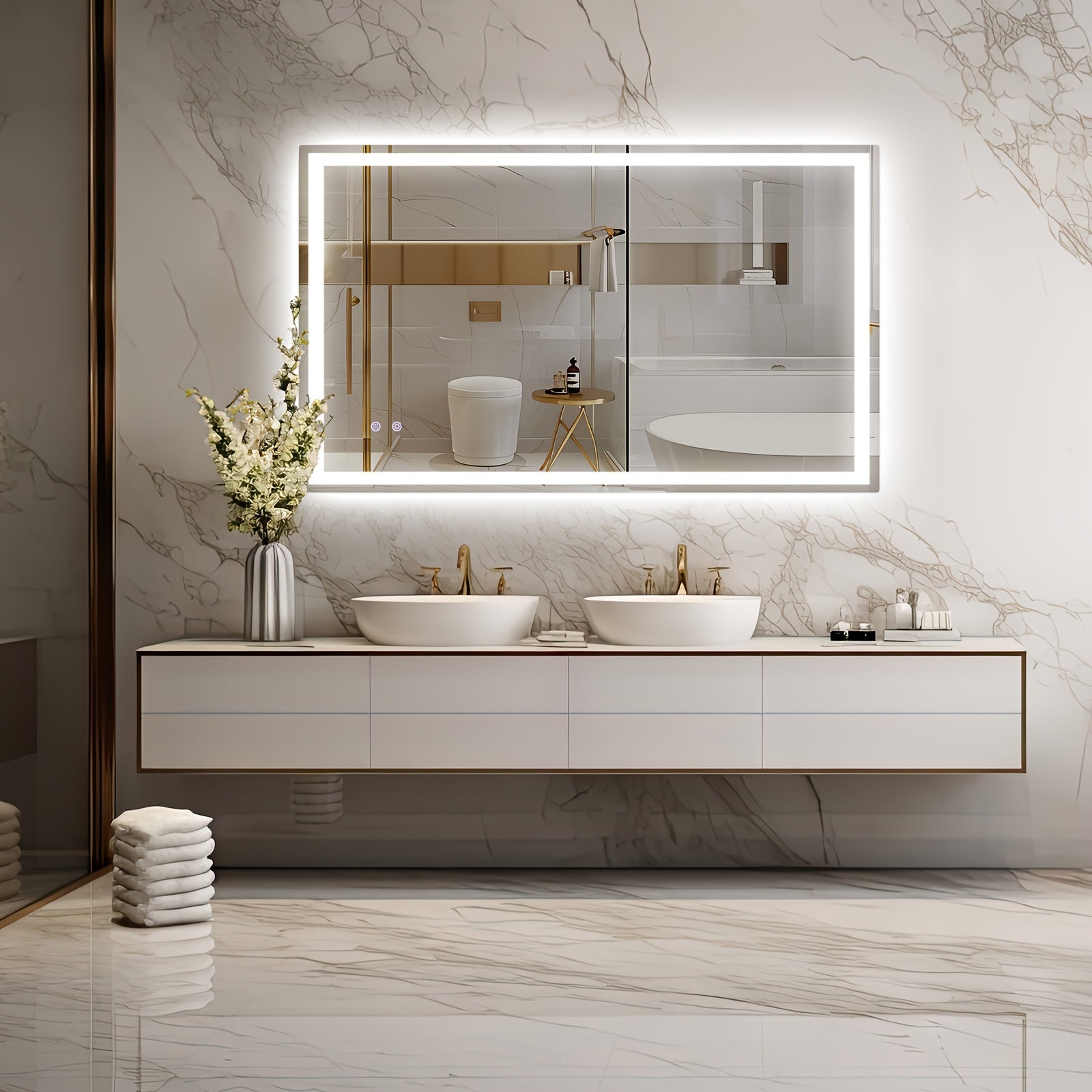 Espejo de baño iluminado, 100 x 60 cm, espejo LED iluminado, espejo de pared para baño, espejo de maquillaje regulable, adecuado para baño, dormitorio, hotel