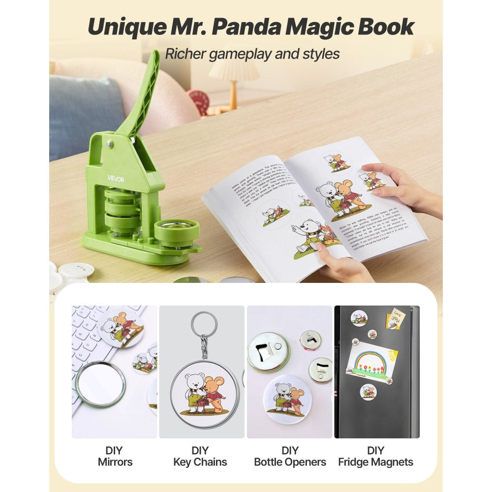 VEVOR Máquina para Hacer Botones, 2.28 in, Fabricante de Pines de Plástico con 100 Piezas para Botones, Libro Mágico de Mr. Panda, Cortador de Círculos y Llaves Hexagonales, Mango Ergonómico Reforzado, para Insignias DIY, Pines Personalizados