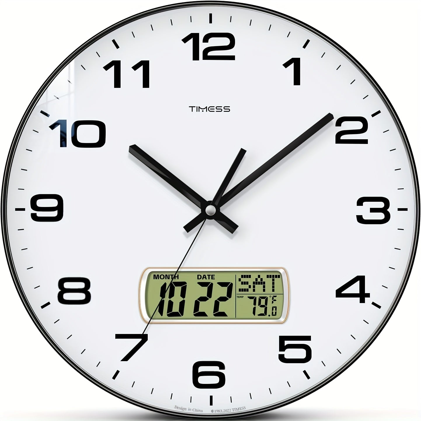 Reloj de Pared Analógico TIMESS con Calendario, Esfera Grande Silenciosa 12/14 Pulgadas en 2 Colores, Muestra Fecha Perpetua y Temperatura Fahrenheit, Decoración para Dormitorio, Oficina o Escuela