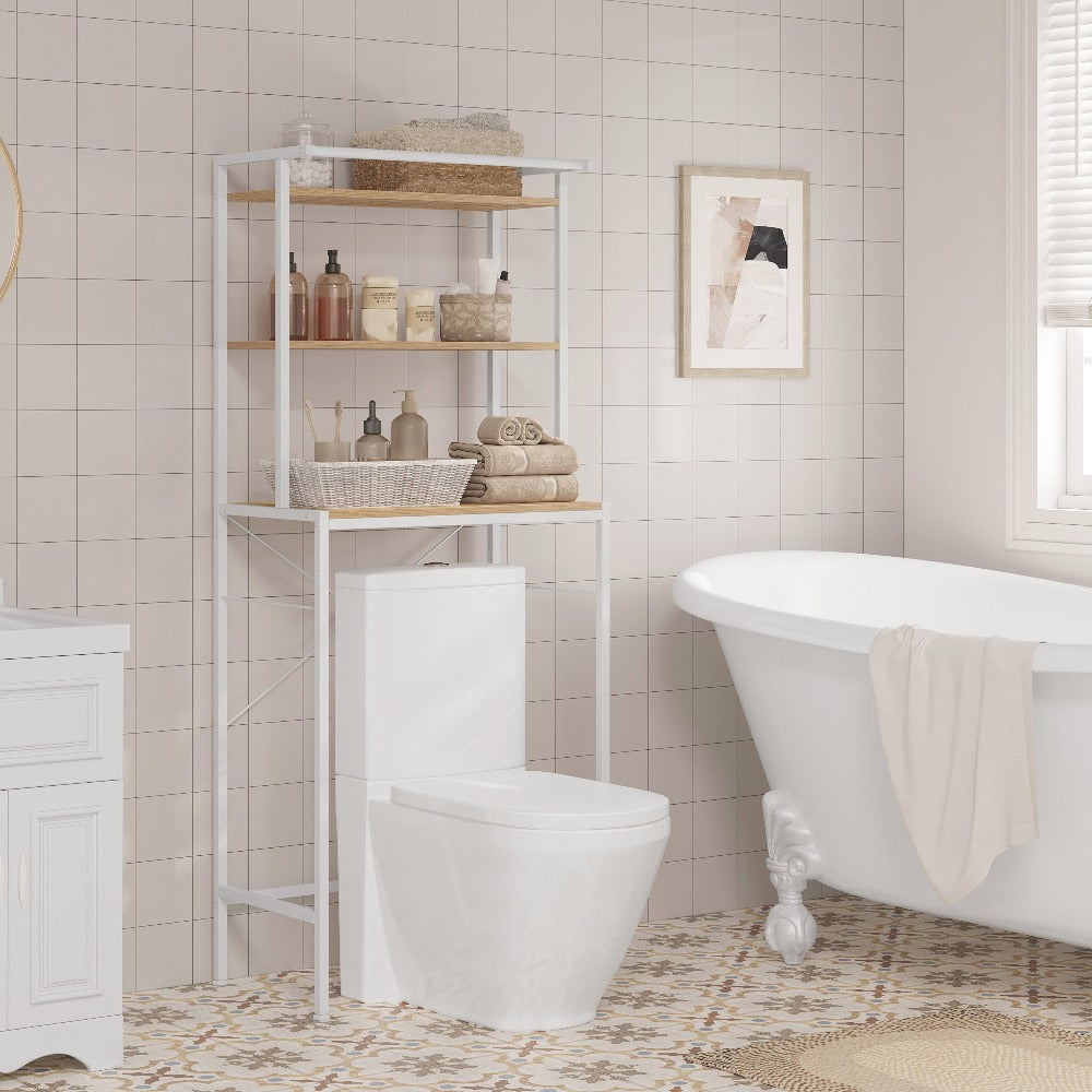 1pc Estante para Lavadora, Estante WC sobre la Lavadora, Armario de Lavadora, Armario de Baño, 3 Estantes, Toallero, Material Metal y Madera, 67x162x40cm