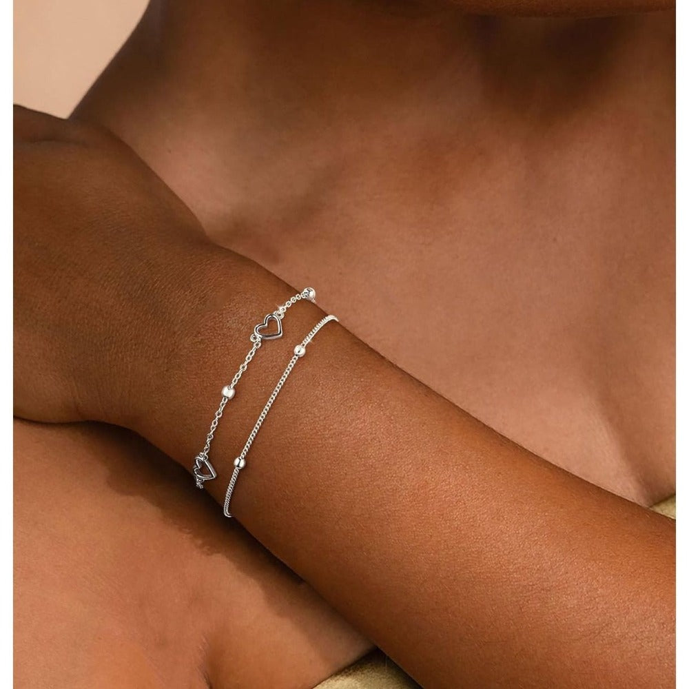 Juego de Pulseras para Mujer en Plata 925, Pulseras Ajustables y Apilables con Corazón y Perla, Pulsera Brillante de Amor, Regalo de Joyería para Mujer, 16 cm + 5 cm