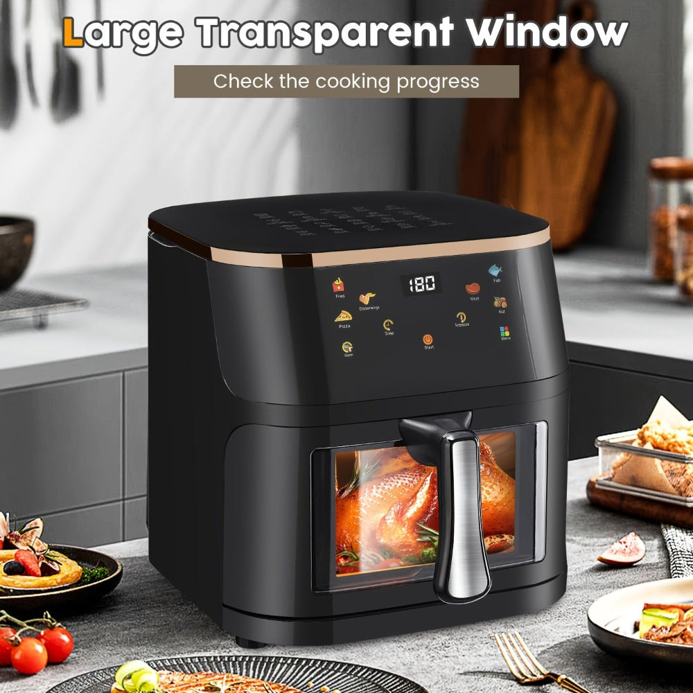 Freidora Inteligente 6 en 1, Capacidad de 10 Litros, Ventana Transparente, 6 Modos Preestablecidos, Control Táctil, Temporizador de 60 Minutos, Temperatura Ajustable (80-200°C), Ideal para Barbacoas Familiares y Comidas Saludables Bajas en Grasa