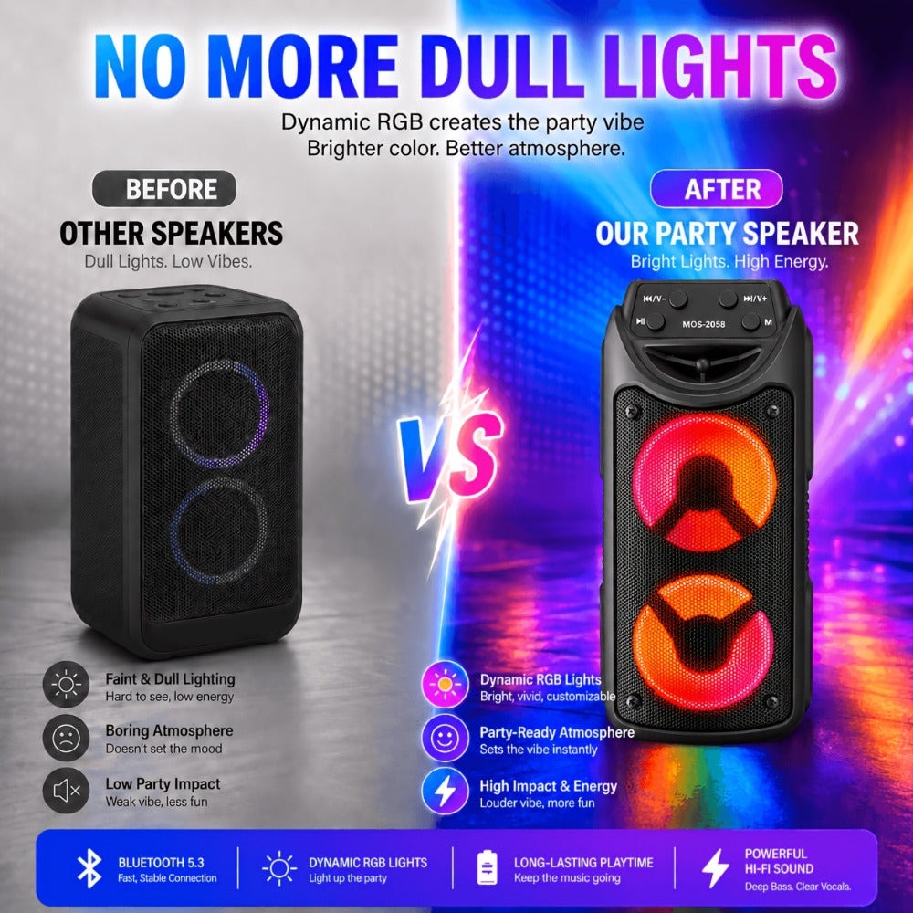 Altavoz inalámbrico portátil para fiestas con altavoces duales de 3 pulgadas, bajos profundos potentes, radio FM, luces ambientales LED y micrófono incorporado, altavoz de exterior de alto volumen para fiestas de verano, barbacoas en el jardín, camping, v