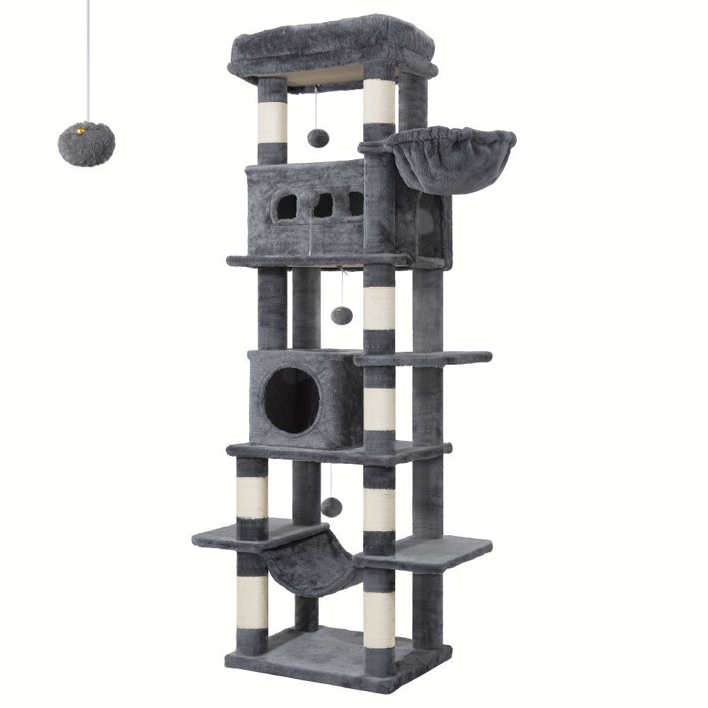 Torre para gatos de interior, 170 cm de alto, casa espaciosa de varios niveles con condominio, 8 postes para rascar, una hamaca y 4 pompones