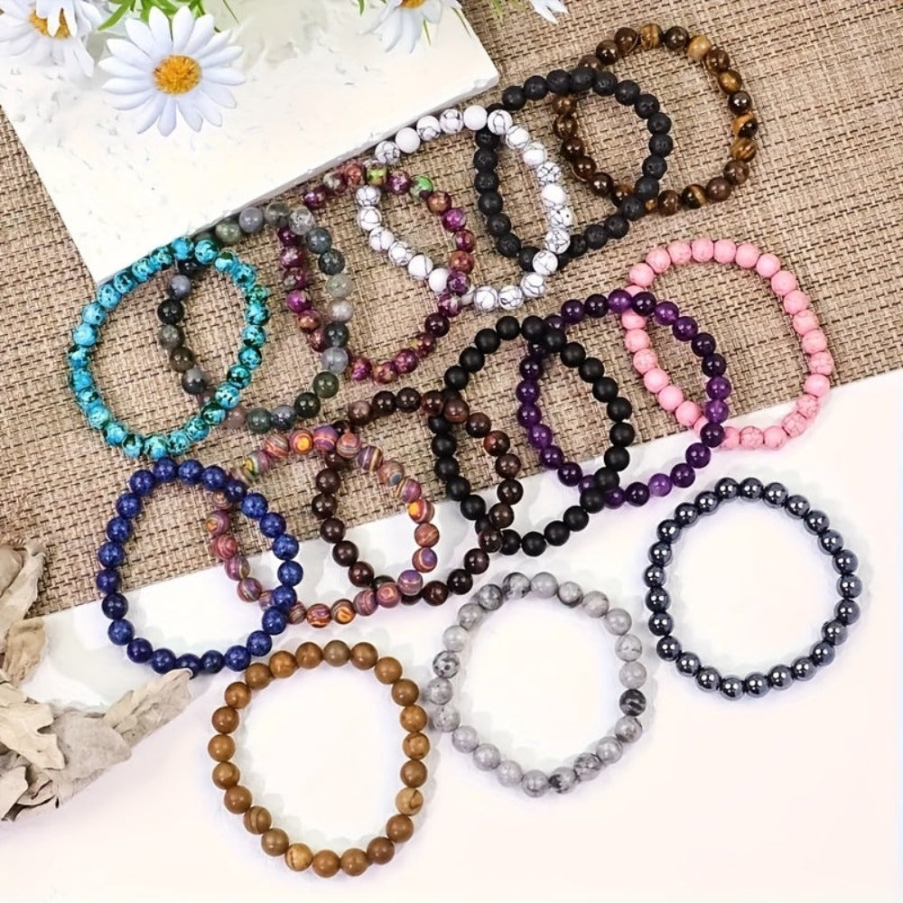 80 pulseras bohemias elásticas con cuentas de piedra de color aleatorio - Joyería unisex extensible apilable multicolor para hombres y mujeres, uso diario y para regalar