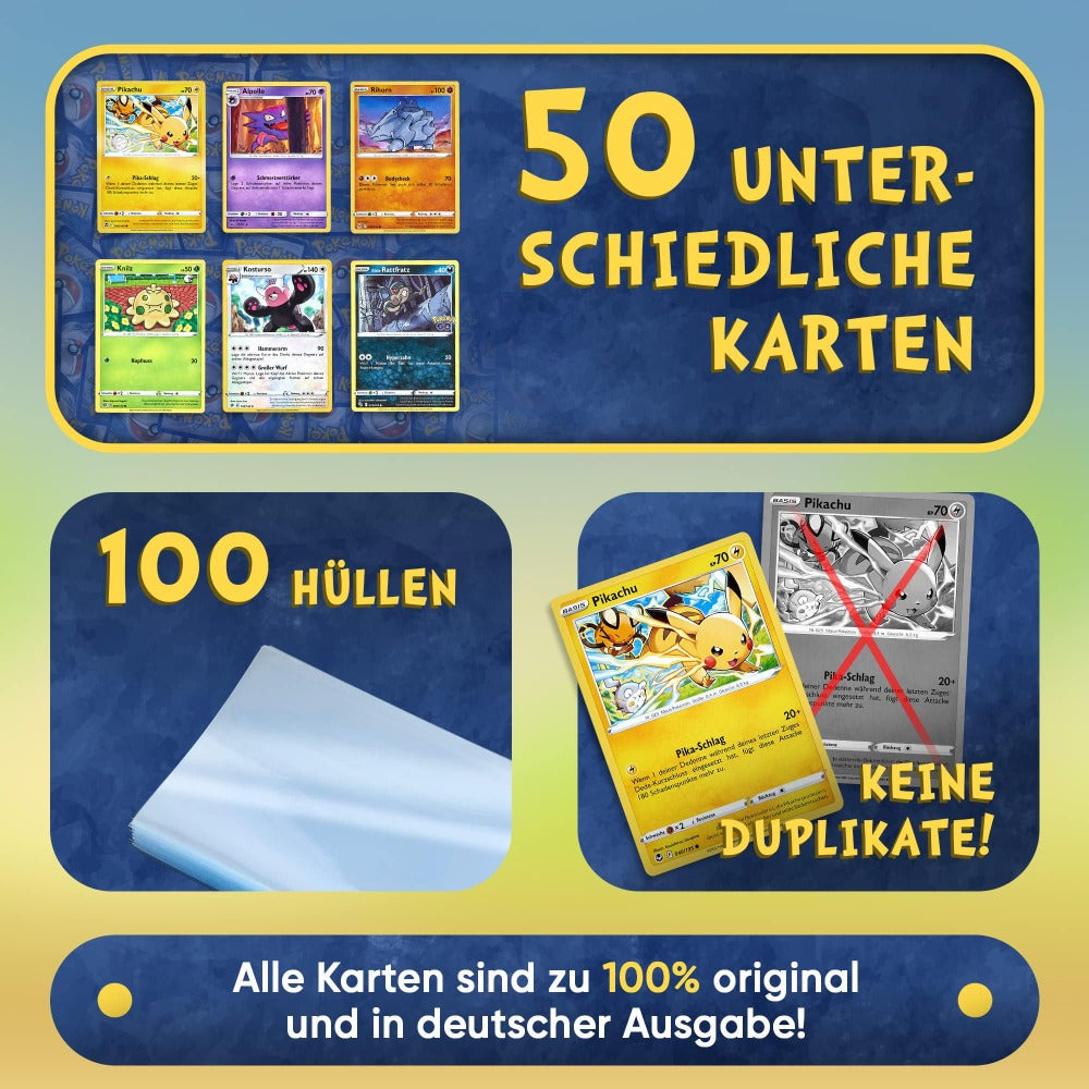 Cartas Pokémon en inglés - 50 surtidas (3 raras, holográficas, 1 aleatoria de Pikachu, Charmander, Dedenne o Eevee) - Cartas coleccionables originales de Pokémon de sets actuales - Incluye 100 fundas protectoras Heartforcards®