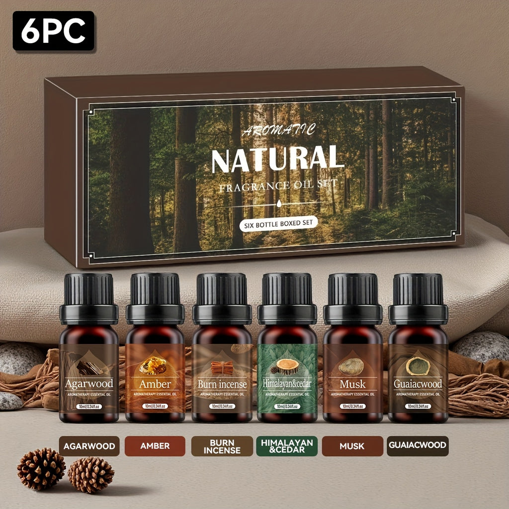 Un set de 6 aceites esenciales perfumados de madera para regalos de Ramadán, regalos de Pascua, que incluye difusor, velas perfumadas, quema incienso, piedras de incienso, humidificador, para coche y recambios de aceites esenciales para el hogar