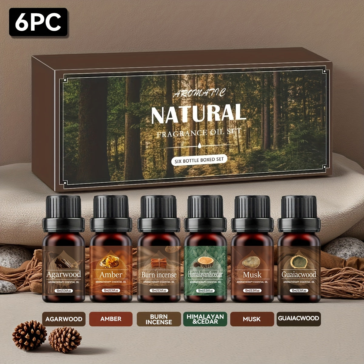 Un set de 6 aceites esenciales perfumados de madera para regalos de Ramadán, regalos de Pascua, que incluye difusor, velas perfumadas, quema incienso, piedras de incienso, humidificador, para coche y recambios de aceites esenciales para el hogar