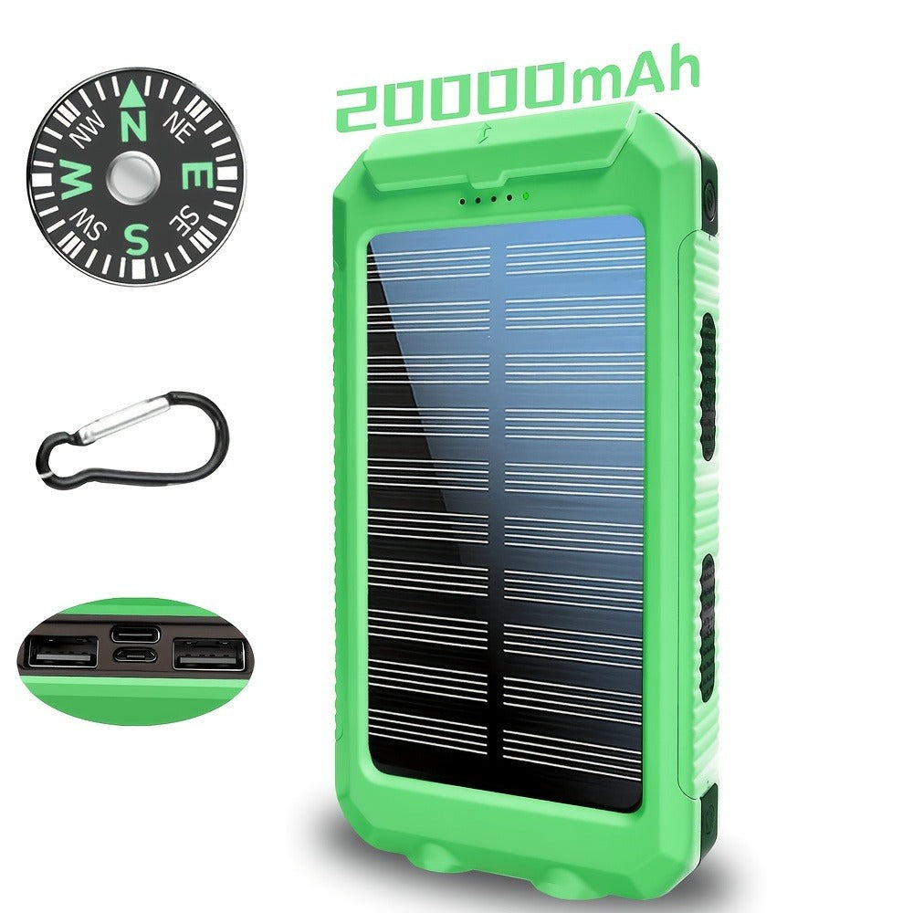 Batería Externa Solar Portátil de 20000Mah, Cargador Solar Portátil para Teléfonos Móviles, Cargador de Batería Externa para Camping para Teléfonos Móviles, 2 USB/ Linternas LED con Brújula para Actividades al Aire Libre