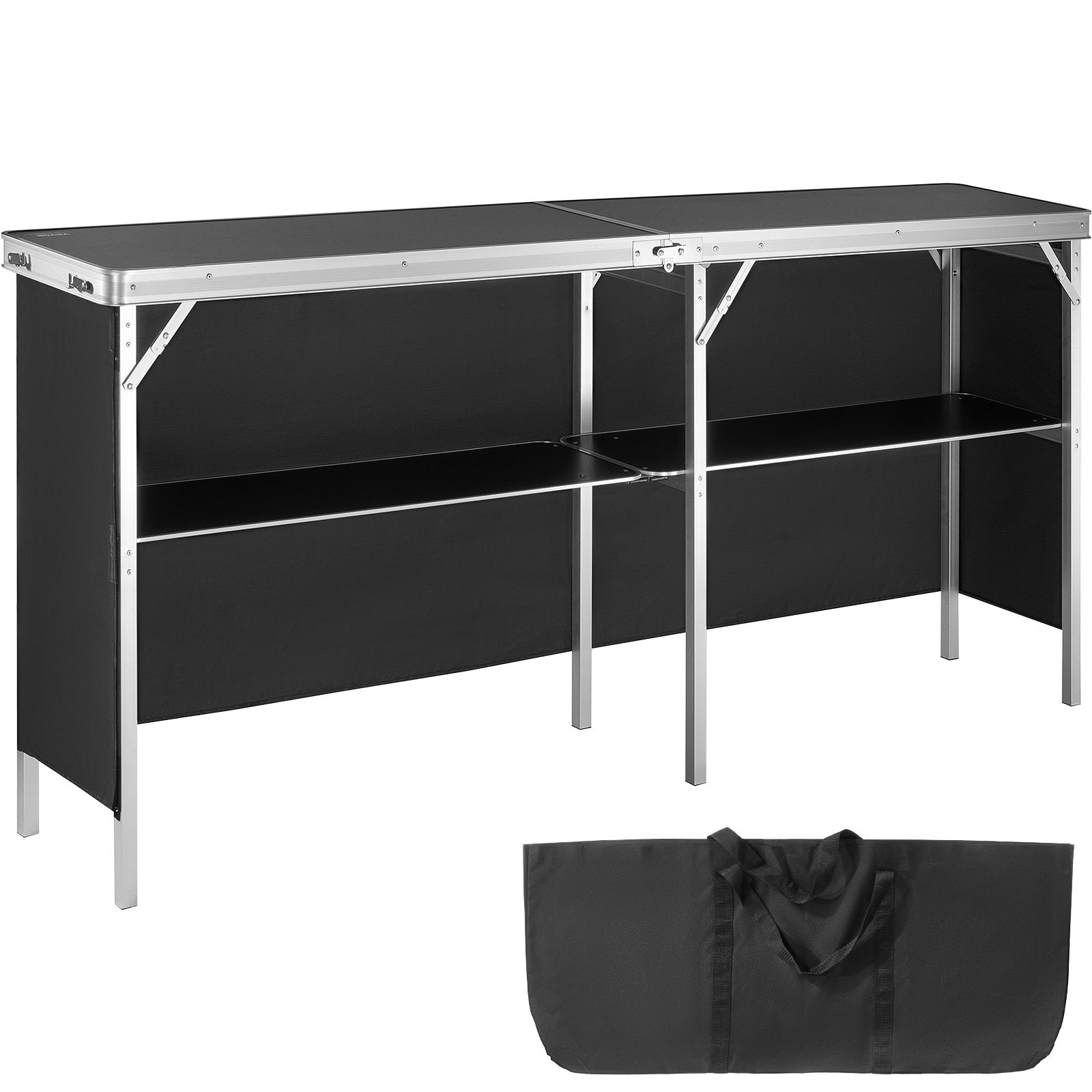VEVOR Mesa Podio Portátil para Ferias, 77.95" x 15.16" x 34.65", Soporte de Exhibición para Mostrador de Ferias con Pared, Mesa Podio Plegable para Promociones y Ventas Minoristas con Estante de Almacenamiento y Bolsa de Transporte