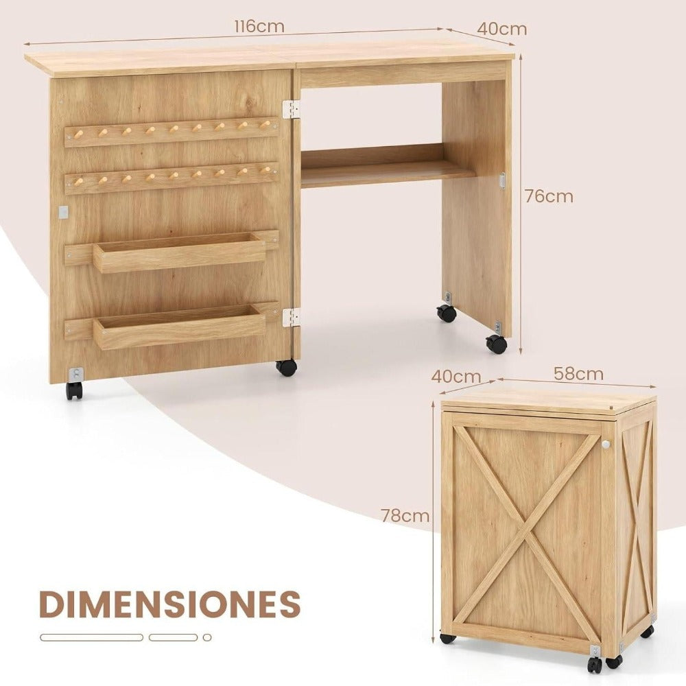 Armarios de Costura, Mesa de Costura Plegable con 2 Bandejas y 18 Pinzas de Almacenamiento, Compartimento Abierto y 5 Ruedas Bloqueables, Gabinete de Costura Multifuncional Natural
