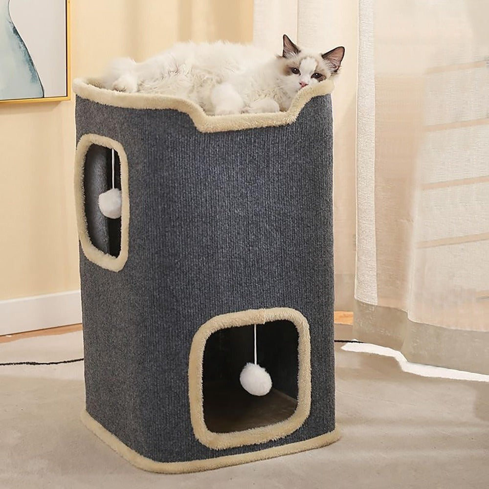 Nido Felino de Dos Niveles, Cueva Interior para Gatos, Túnel para Gatos con Alfombra Rascadora y Cubo Escondido, Adorable Condominio Contemporáneo para Gatos, Muebles Adecuados para Varios Gatitos, Diseño Expandible