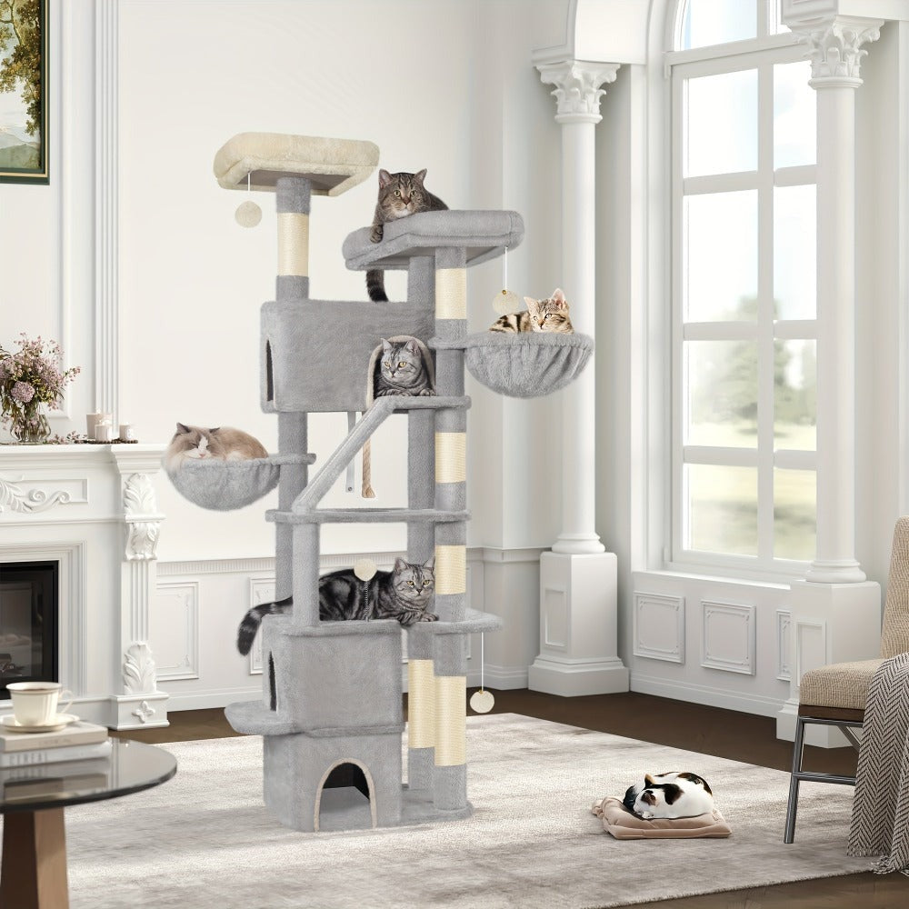Rascador para Gatos Grande de 185 cm con 6 Postes para Rascar, 3 Cuevas, 2 Plataformas de Observación, 2 Cestas, 4 Pelotas de Peluche, Rascador Multinivel para Gatos