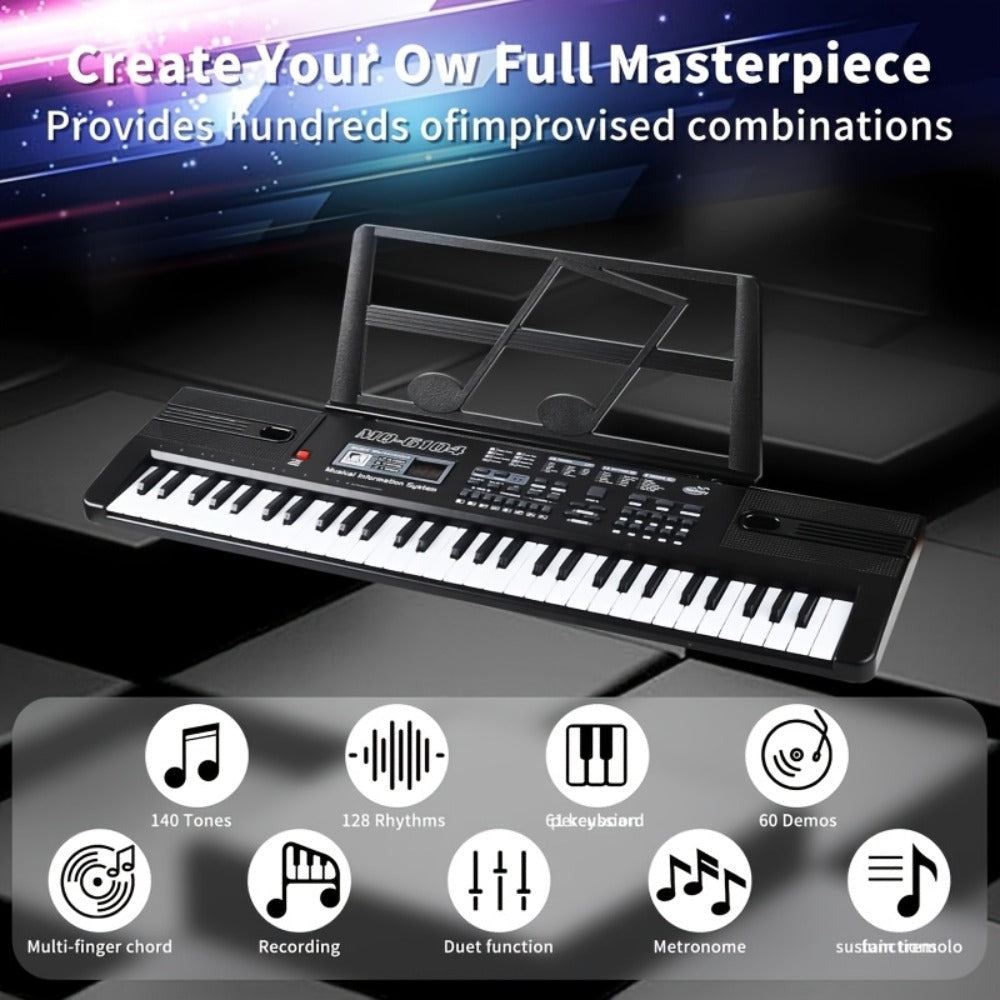 Piano electrónico de 61 teclas, piano ideal para principiantes, piano electrónico portátil, con 16 tonos, 8 efectos de sonido de percusión, 10 ritmos, 6 demostraciones, altavoces incorporados, sonido de alta calidad, es la mejor opción para entusiastas de