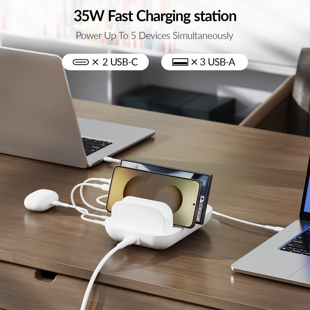 Soopii Hub de Carga Multi-Dispositivo de 5 Puertos, con 2 Puertos PD de 20W para Carga Rápida y 3 Puertos USB Compatibles con iPhones, iPhone 17, Smartphones, Tablets y Más. Incluye un Organizador de Cables, Perfecto para Regalos de Navidad. (Cables No In