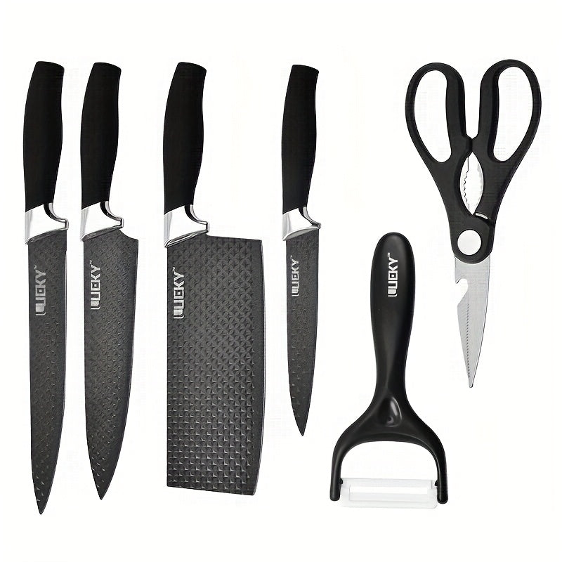 Un juego de 6 cuchillos de cocina para chef con hojas de acero inoxidable, famosos por su filo y durabilidad. Este juego incluye un mango ergonómico, tijeras y un pelador, todos resistentes al óxido y fáciles de mantener.