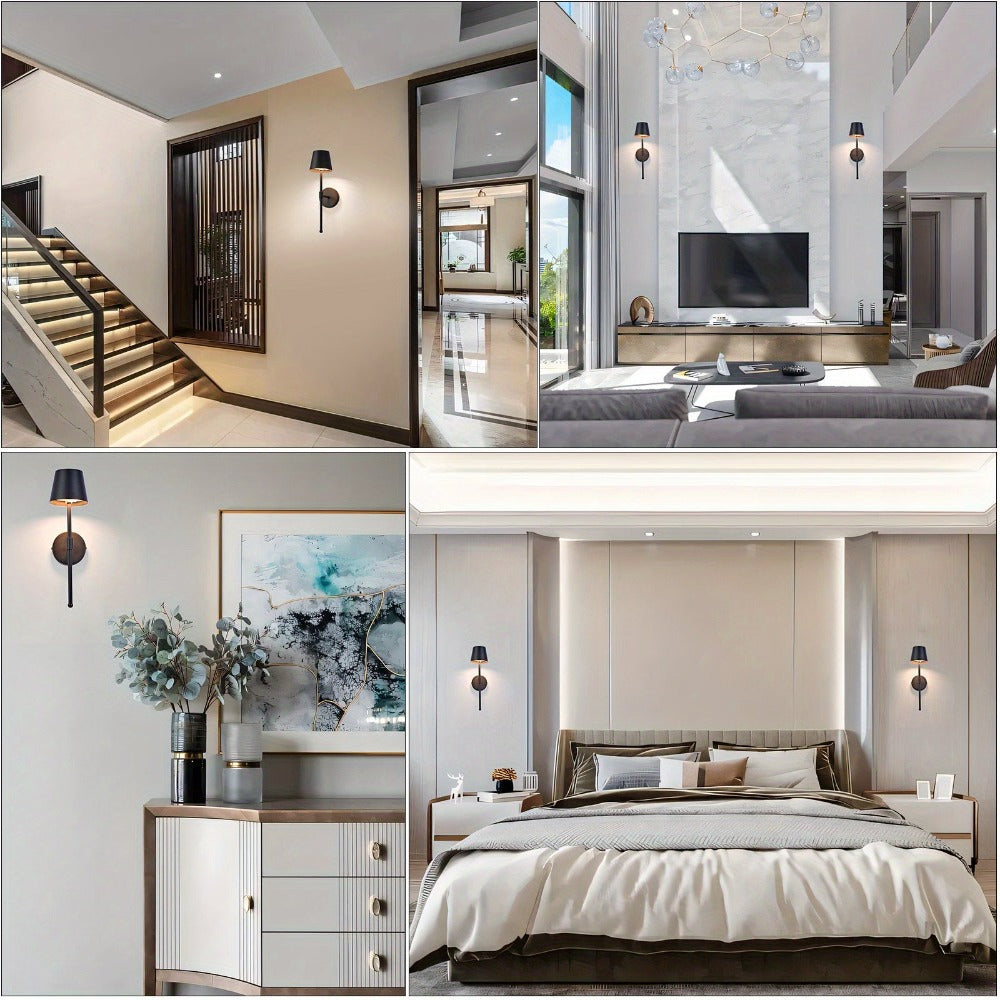 Juego de 2 apliques de pared inalámbricos con batería recargable y funcionamiento sin cables - Aplique LED de pared semiembutido moderno apto para sala de estar, dormitorio, pasillo, luz de noche, atenuación continua, montaje extraíble, a batería