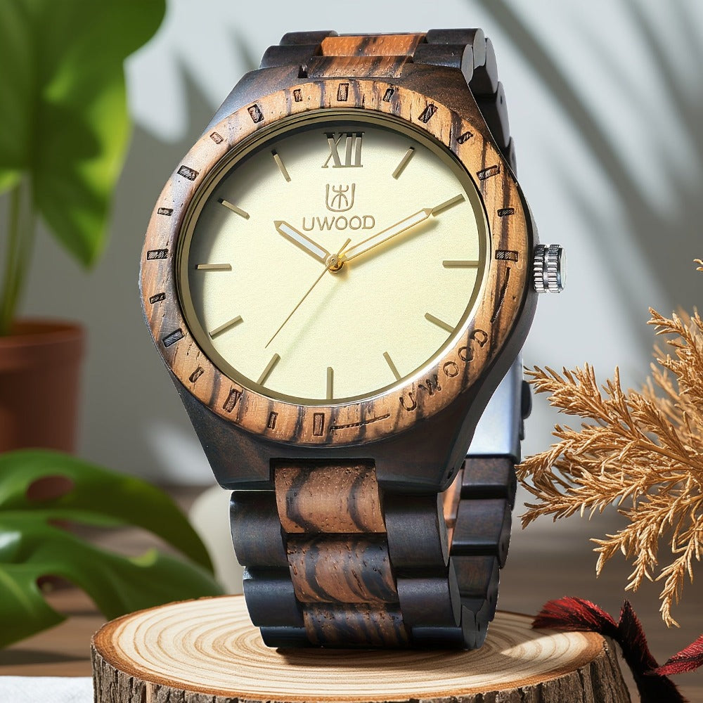 Leeev Reloj de Mano Ligero y Distintivo de Madera para Hombre, Colección Uwood Hecho a Mano de Sándalo Analógico de Cuarzo Vintage con Números Romanos, Reloj de Pulsera de Madera Natural