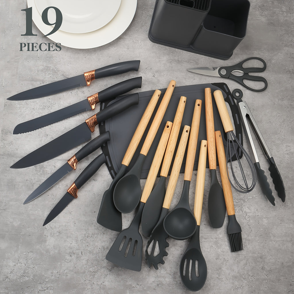 Juego de 19 piezas, Cuchillo de cocina, Juego de cocina, Juego de utensilios de cocina (Con mangos de madera), Juego de cocina de seguridad, Juego de herramientas de cocina antiadherentes, Utensilios de cocina modernos lavables, Utensilios de cocina, Adec