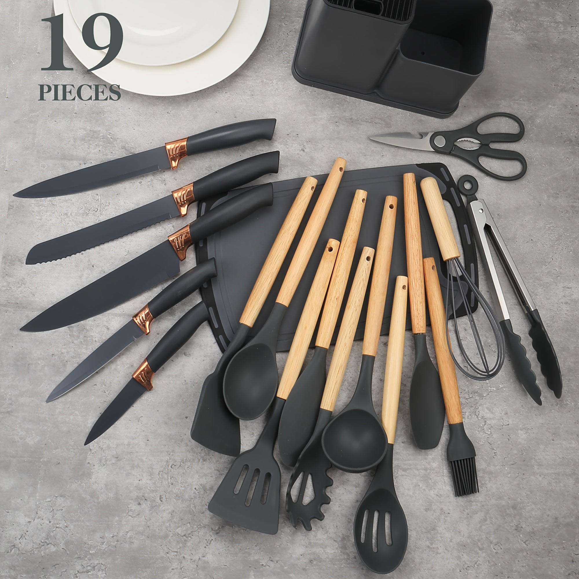 Juego de 19 piezas, Cuchillo de cocina, Juego de cocina, Juego de utensilios de cocina (Con mangos de madera), Juego de cocina de seguridad, Juego de herramientas de cocina antiadherentes, Utensilios de cocina modernos lavables, Utensilios de cocina, Adec