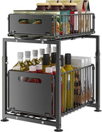 Organizador de 2 Niveles Extraíble para Debajo del Fregadero - Estante Deslizante de Acero al Carbono de Altura Ajustable, Estantería de Armario de Acero Pulido de Fácil Instalación para Cocina Baño Despensa Armario, Utensilios Modernos, Acabado Metálico,