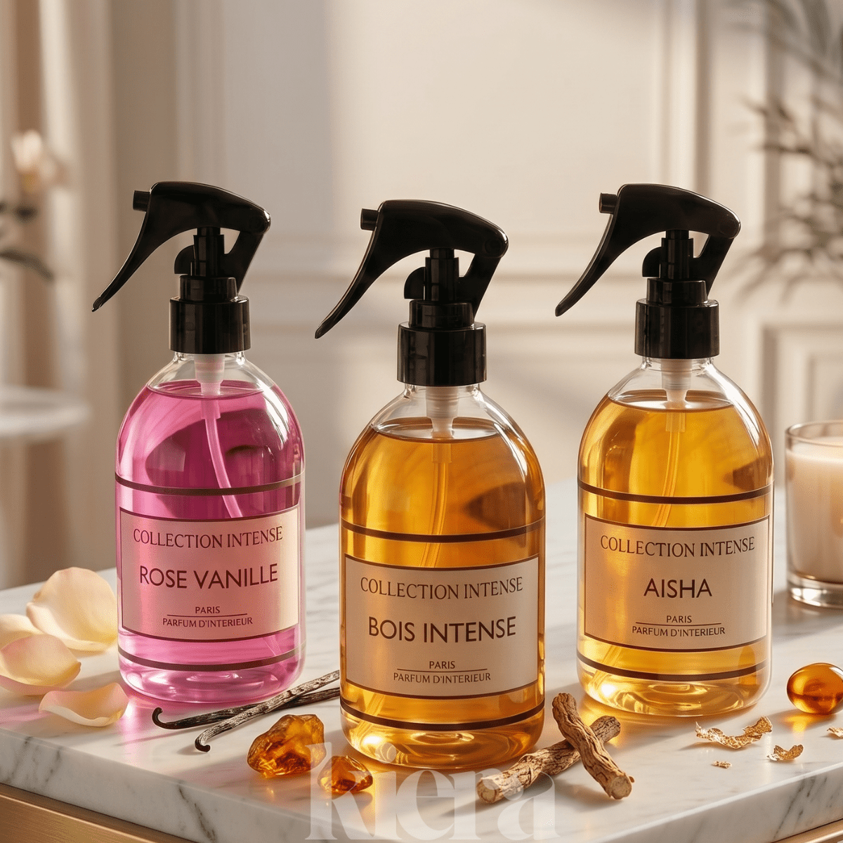 Intense Collection - Lote de 3 piezas de perfume en spray de 250ML para interiores y textiles, Wood Intense, Aisha, Rose Vanilla